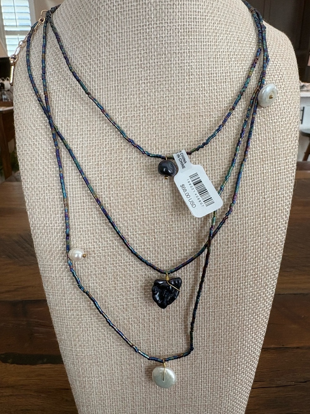 Free people Beaded Necklace with Pearl and Black Stone Pendants - Multicolor